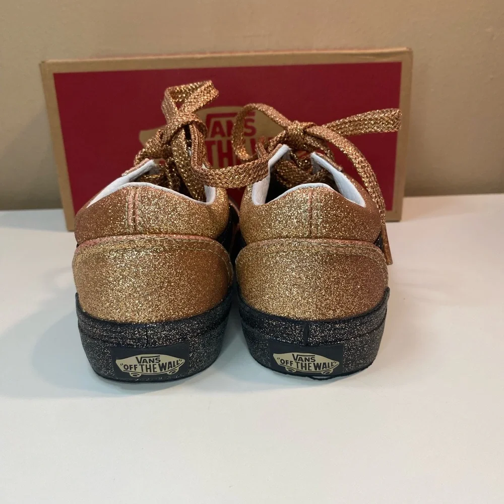 🔥 VANS OLD SKOOL OFF THE WALL LOW TOP SKATE GOLD & BLACK GLITTER KIDS SIZE 1 - Picture 3 of 8